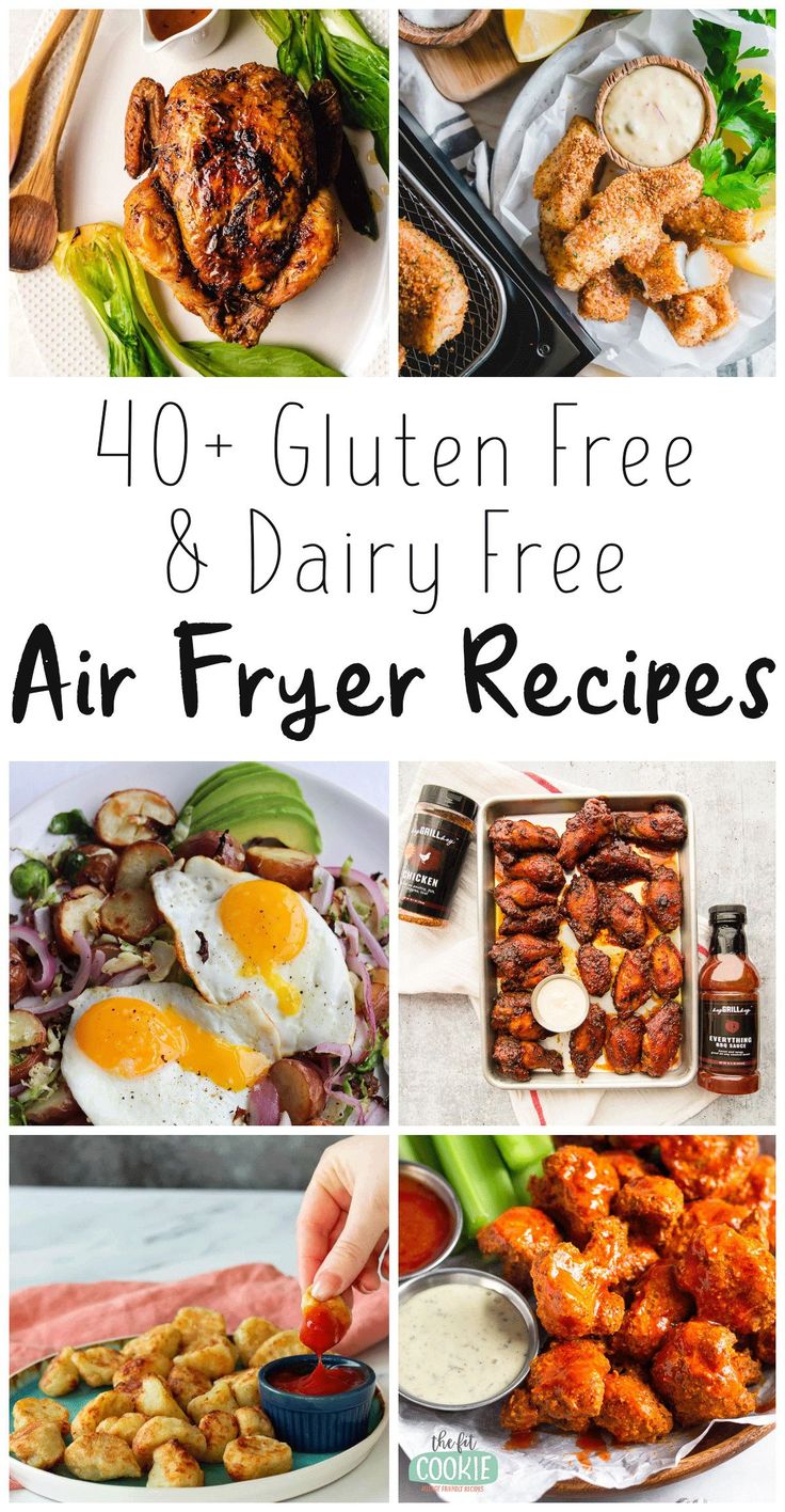 air fryer recipe collage with text overlay that reads 40 gluten free and dairy free air fryer recipes