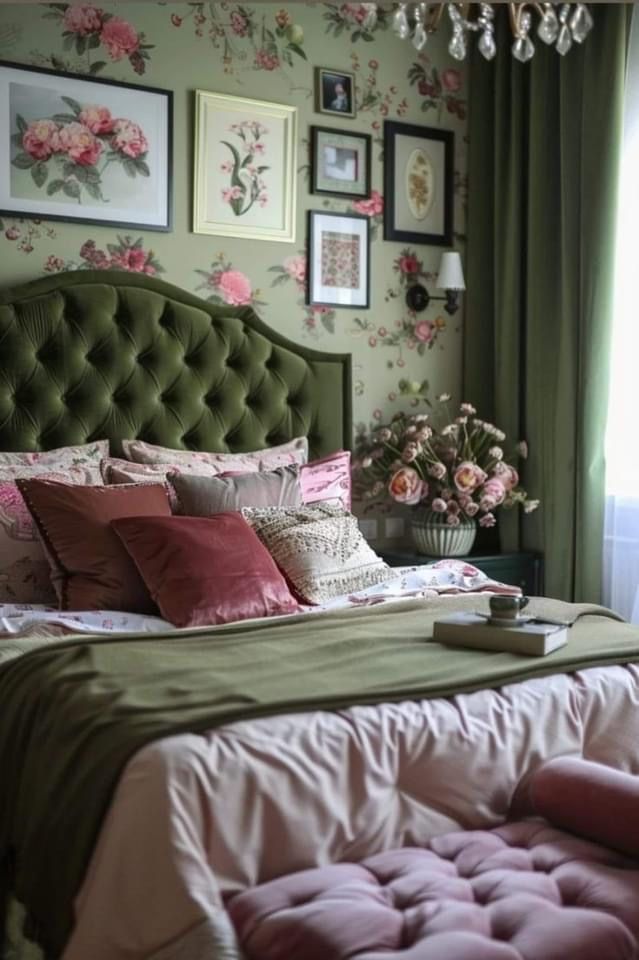 a bedroom with green walls and pink flowers on the headboard, along with a chandelier