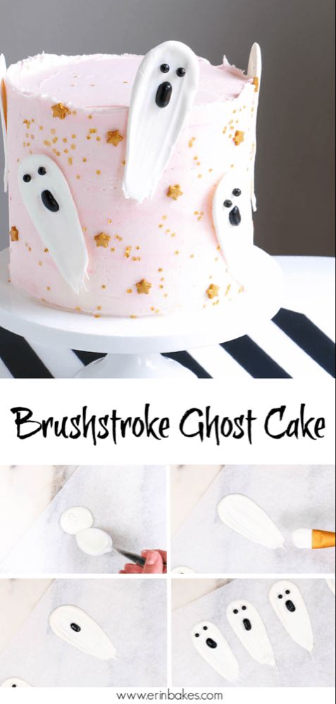 the cake is decorated with white frosting and ghost decorations