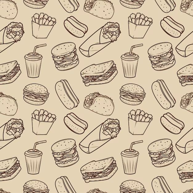 a lot of fast food on a beige background