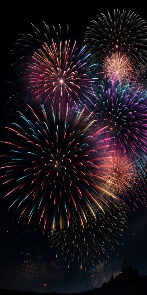 colorful fireworks are lit up in the night sky with dark skies and clouds behind them