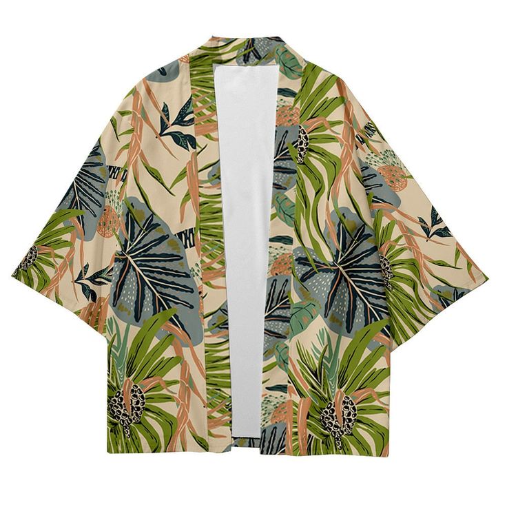 Our Tropical Kimono Shirt, a perfect blend of exotic flair and comfortable style. Embrace the vibrant energy of the tropics with this beautifully designed shirt that is sure to make a statement wherever you go. Crafted with care, our Tropical Kimono Shirt features lightweight and breathable fabric, making it ideal for warm weather and beach destinations. Its loose and flowing silhouette offers both comfort and versatility, allowing you to effortlessly transition from lounging poolside to explori Multicolor Hibiscus Print Camp Shirt For Beach, Tropical Cotton Hawaiian Shirt With Hibiscus Print, Patterned Printed Hawaiian Shirt For Spring, Cotton Hibiscus Print Shirt For The Beach, Green Hawaiian Shirt With Camp Collar For Spring, Cotton Hibiscus Print Shirt For Beach, Hawaiian Patterned Tops For Spring, Patterned Hawaiian Tops For Spring, Spring Patterned Printed Hawaiian Shirt