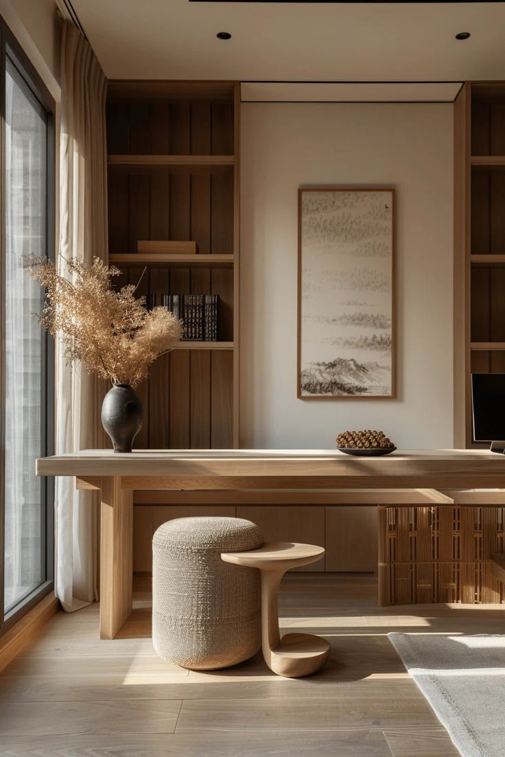 a large wooden table sitting next to a window