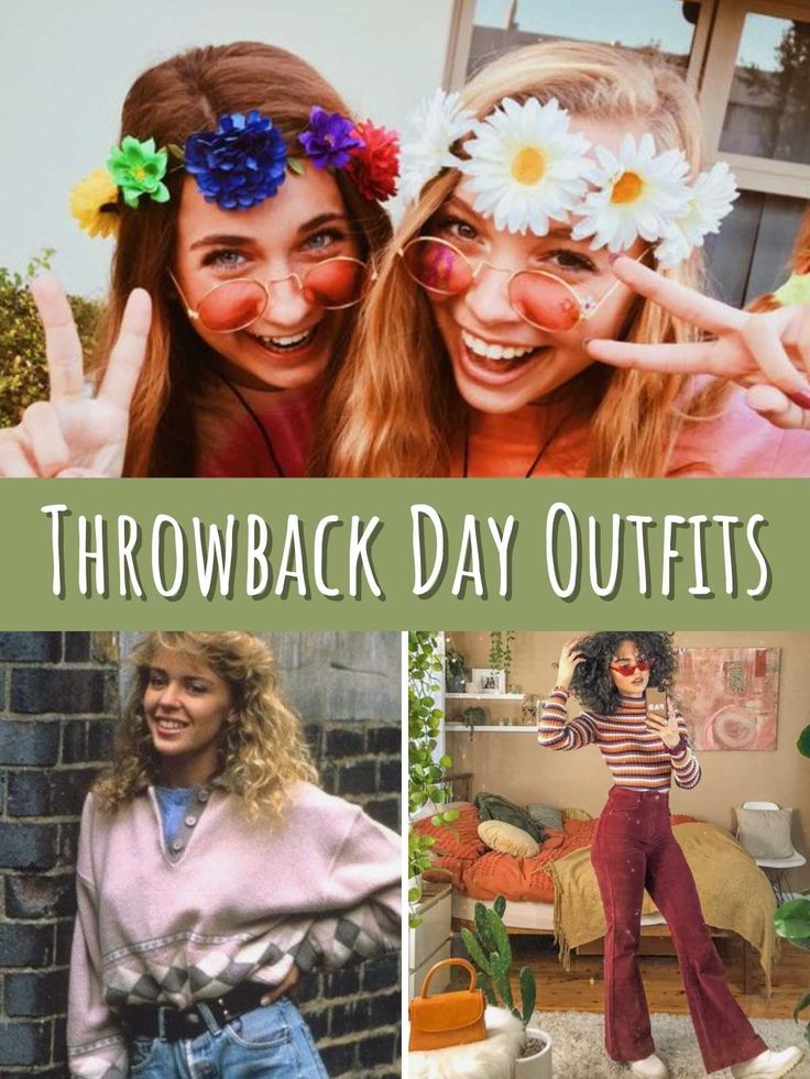 two women with flowers in their hair and the words throwback day outfits on them