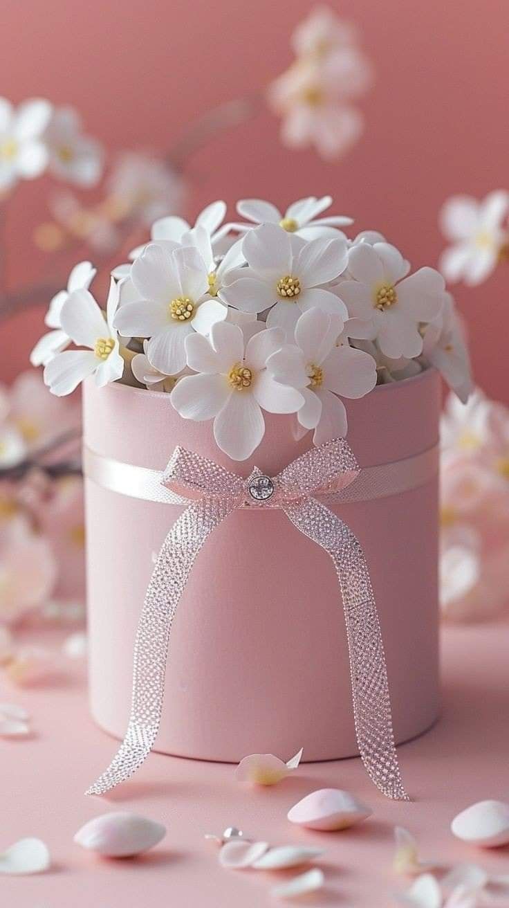 a pink box with white flowers in it on a pink surface and petals scattered around