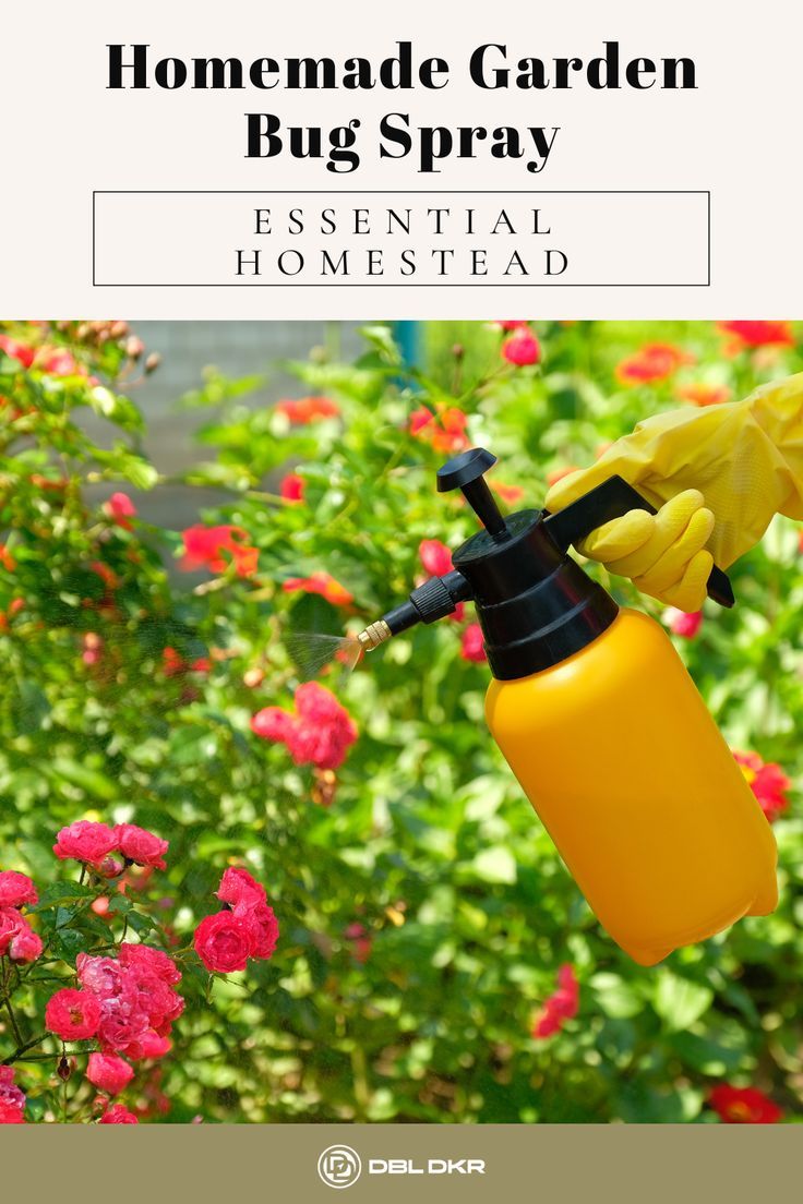 a yellow spray bottle hanging from a garden with flowers in the background and text overlay that reads homemade garden bug spray essentials