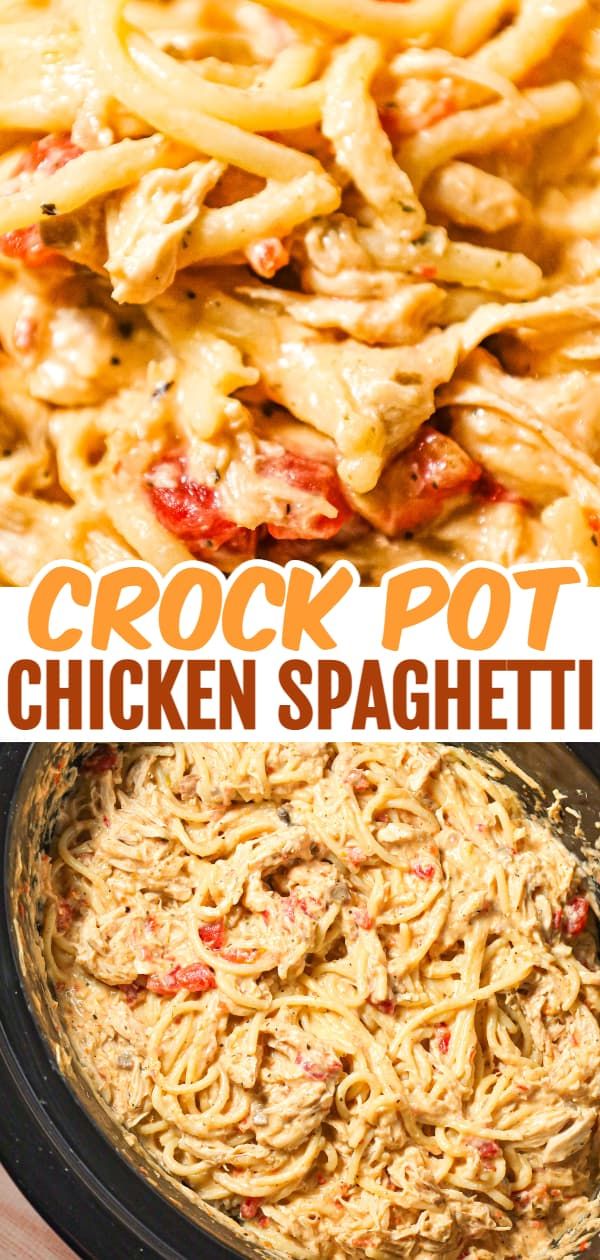 crock pot chicken spaghetti in a slow cooker with text overlay that reads crock pot chicken spaghetti