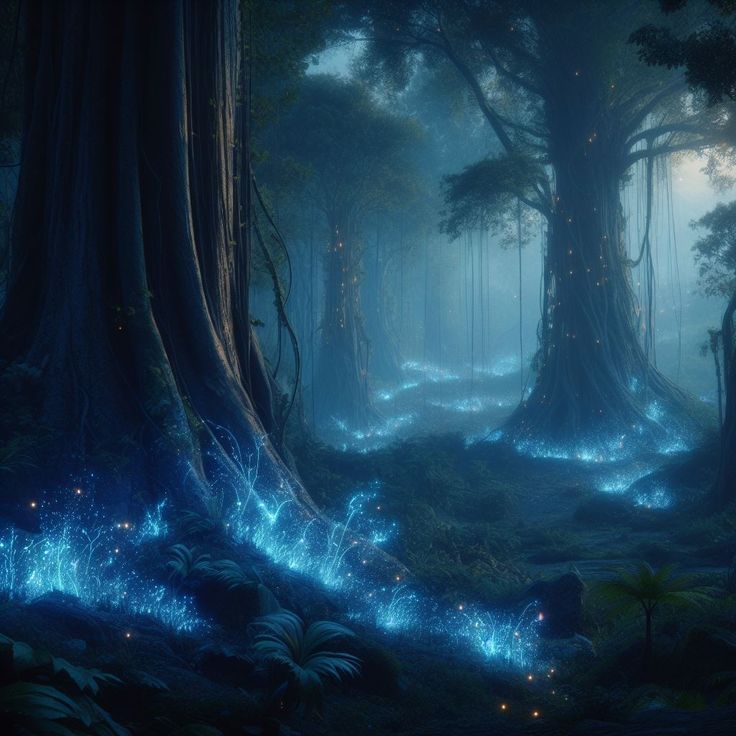 an image of a forest with fireflies in the woods at night, glowing blue