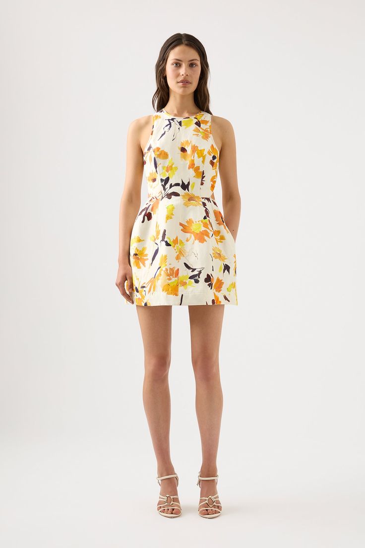 Tulip Cut Out Mini Dress | Pressed Sunflowers | Aje Spring Mini Dress With Cutout And Strappy Back, Spring Mini Dress With Hollow Out Details, Multicolor Tie-back Mini Dress For Spring, Summer A-line Mini Dress With Cutout Back, Yellow Printed Sleeveless Mini Dress, High Neck Mini Dress, Tulip Dress, Statement Dress, High Neckline