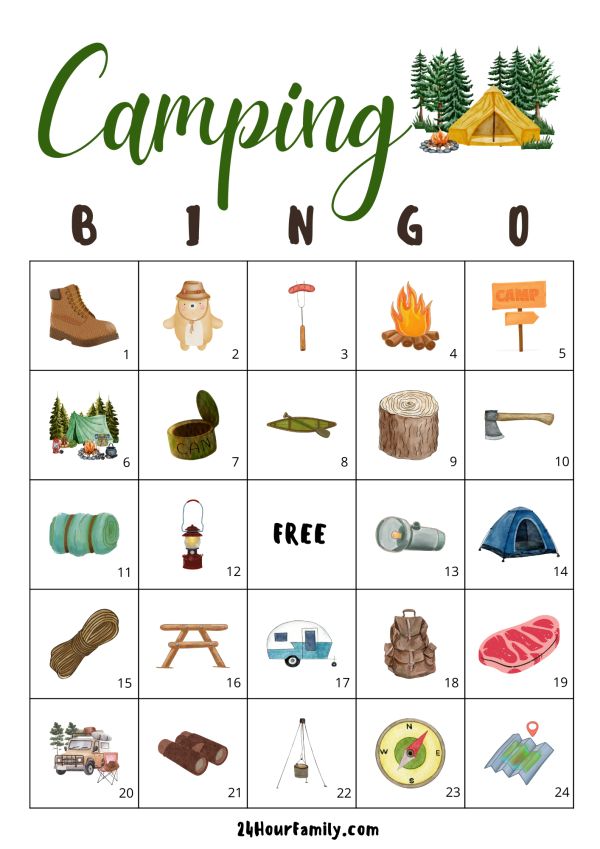 Camping Bingo Printable (Free Game) Bingo Printable Free, Camping Bingo, Free Printable Bingo Cards, Bingo Games For Kids, Free Bingo Cards, Bingo For Kids, Bingo Template, Bingo Set, Bingo Cards Printable