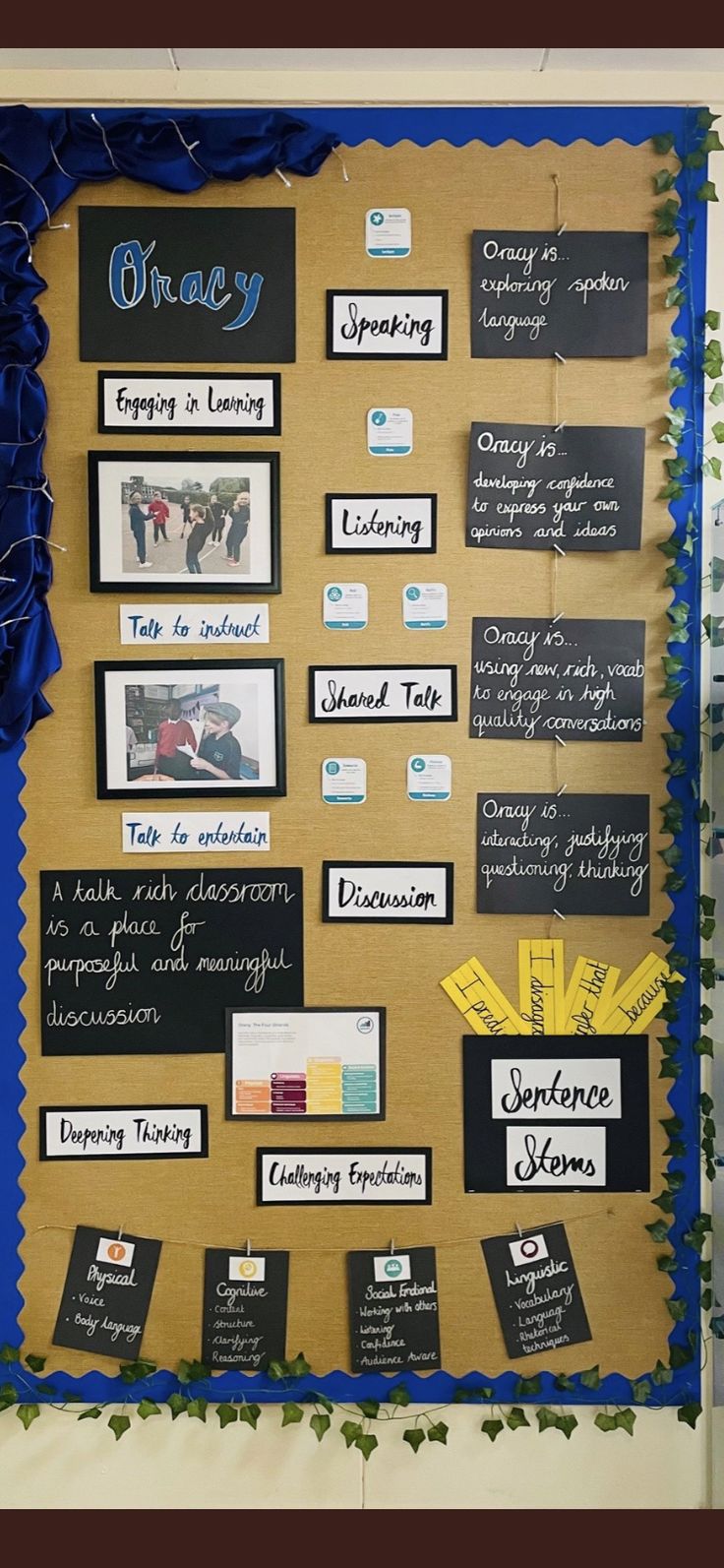 a bulletin board with writing and pictures on it