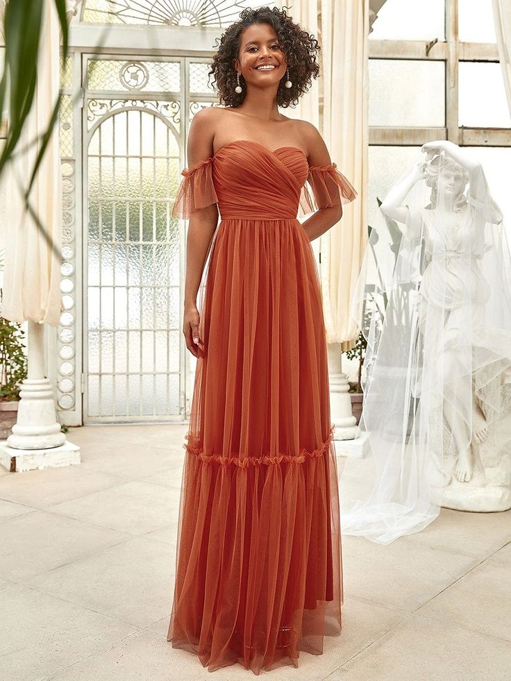 Off the Shoulder Sweetheart Pleated Tulle Evening Dress Ruffles Sleeves, Orange Bridesmaid, Floral Print Maxi Skirt, Orange Bridesmaid Dresses, Pleated Tulle, Romantic Floral Print, Strapless Evening Dress, Tulle Evening Dress, Evening Dresses With Sleeves