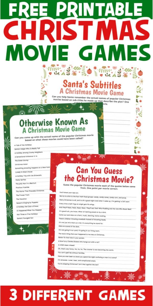 three christmas movie games with the text free printable christmas movie games for kids and adults