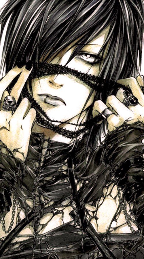 a drawing of a woman with black hair holding her hands to her face and wearing chains around her neck