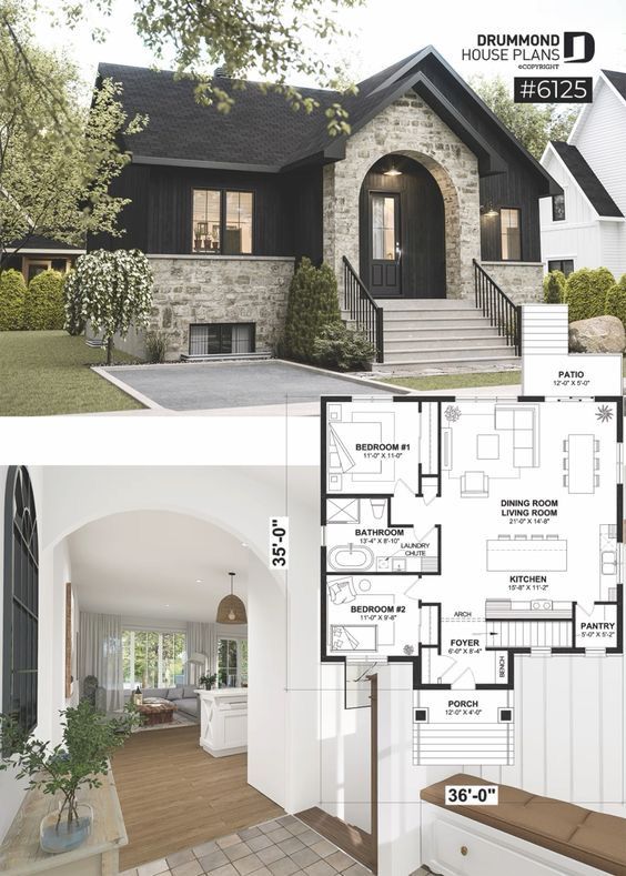 this is an image of the front and side of a house with floor plans on it