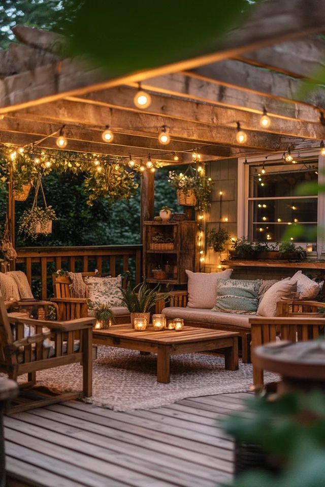 an outdoor living area with wooden furniture and string lights