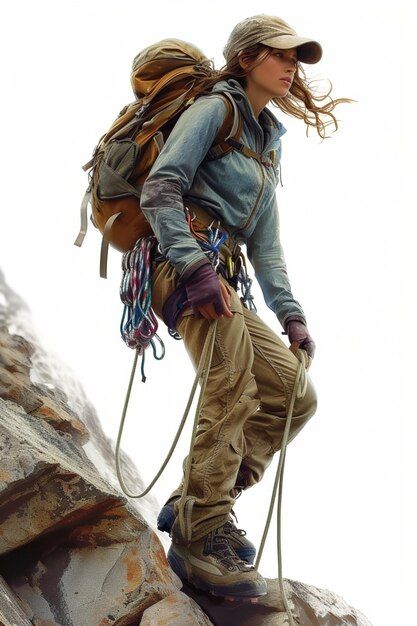 a woman climbing up the side of a mountain with a backpack on her back and ropes attached to it