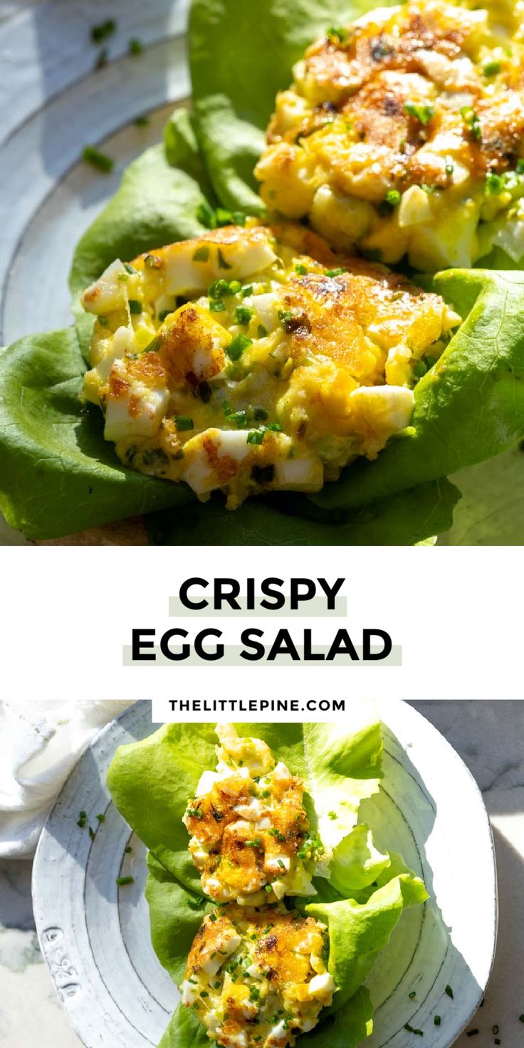 crispy egg salad in lettuce leaves on a white plate with text overlay