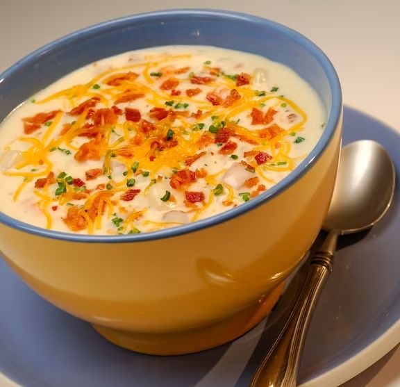 a bowl of soup with bacon and cheese in it on a plate next to a spoon