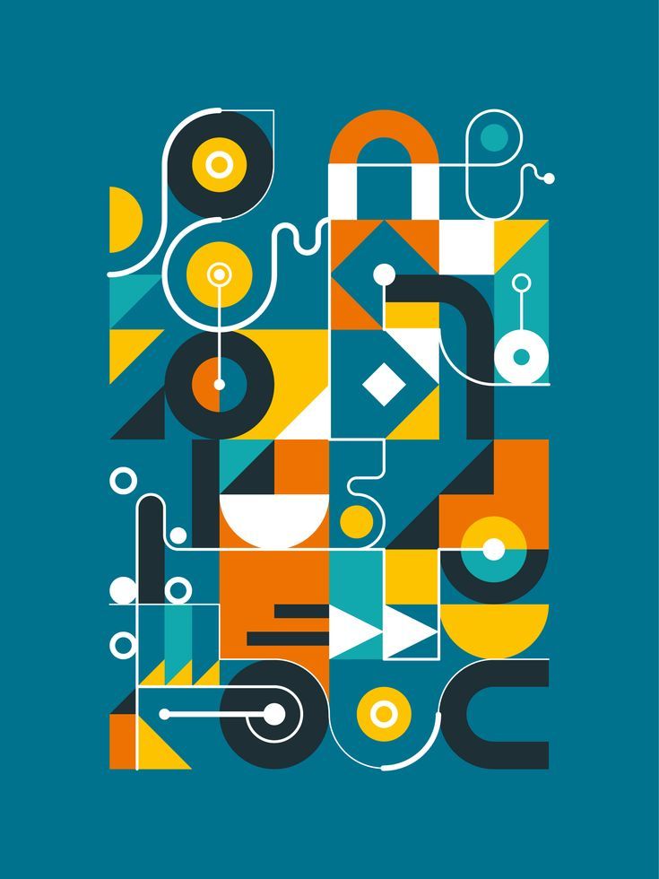 an abstract poster with geometric shapes and colors on it's blue backround