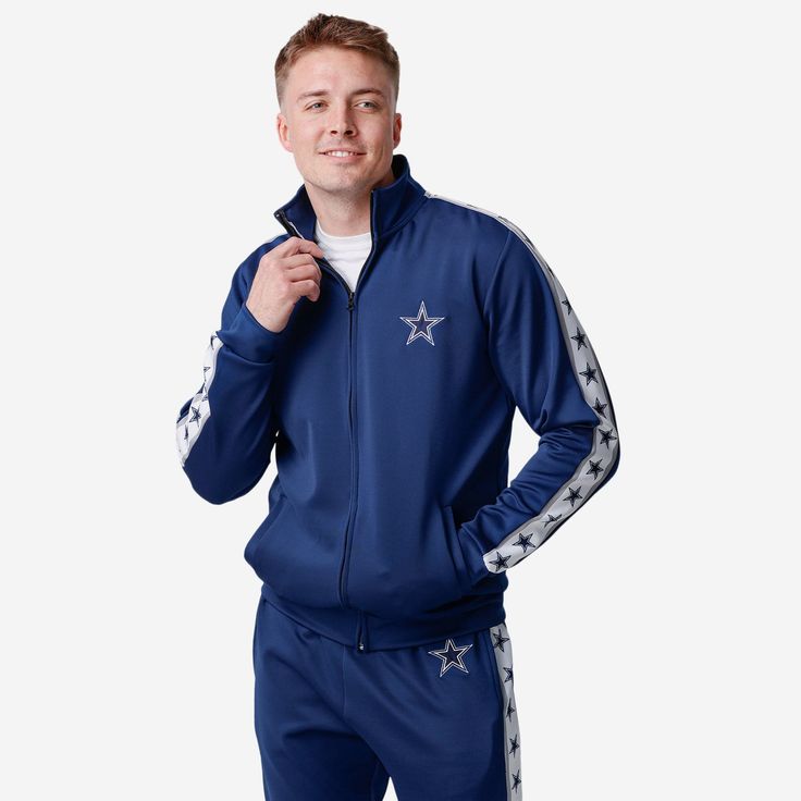 Dallas Cowboys Stripe Logo Track Jacket FOCO S - FOCO.com Cowboy Outfits, Logo Display, One Piece Pajamas, Bib Overalls, Philadelphia Phillies, Track Jacket, Lounge Pants, Dallas Cowboys, The Block