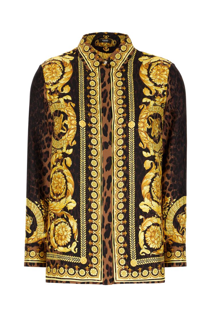 Exterior: 100% Silk Designer Brown Long Sleeve Tops, Designer Silk Shirt For Fall, Luxury Gold Blouse For Workwear, Luxury Gold Top For Workwear, Luxury Gold Tops For Workwear, Luxury Gold Tops For Work, Luxury Brown Long Sleeve Tops, Luxury Gold Long Sleeve Top, Luxury Long Sleeve Gold Top