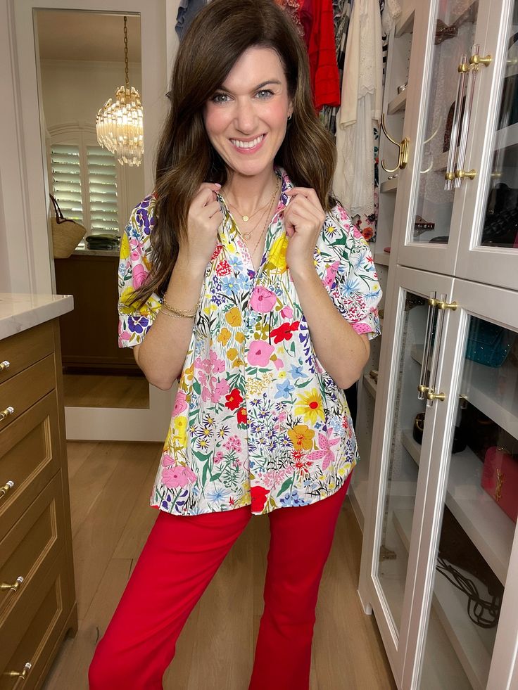 Bring a pop of color and a little whimsy to your closet with the Best and Brightest Floral Top. This easy-fit top showcases a playful floral print, collared neckline, and puffed sleeves. Pair it with your colored denim (or traditional blue denim) for a fun and versatile look. Perfect for teachers and office gals, this every day top is sure to help you stand out from the crowd. Top measures 24" in length. Bust measures 22" from underarm seam to seam. Measurements taken on a small. Fabric has no s Deodorant Stains, Scarf Hat, Scarf Jewelry, Puffed Sleeves, Colored Denim, Floral Top, Hat Hairstyles, Workout Tops, Sales Gifts