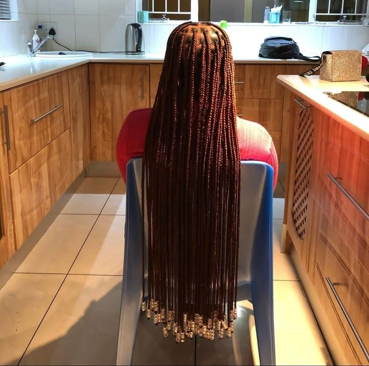 Peekaboo Knotless Braids Orange, Braids With Beads Long Hair, Coloured Knotless Braids With Beads, Small Long Knotless Braids With Beads, Long Braid With Beads, Waist Length Knotless Braids With Beads, Colourful Knotless Braids, Knotless With Wooden Beads, Long Knotless Braids With Beads And Color