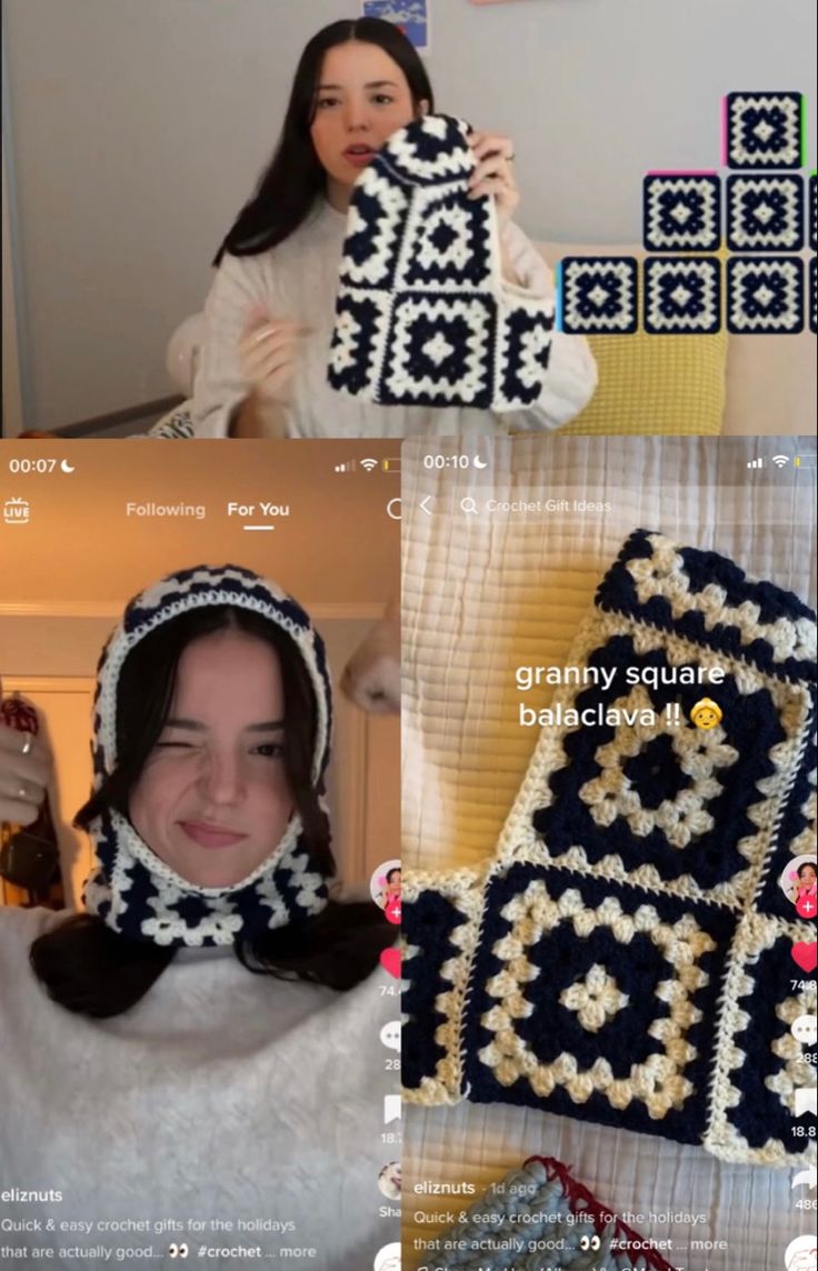 a woman holding up a crocheted granny hat and scarf