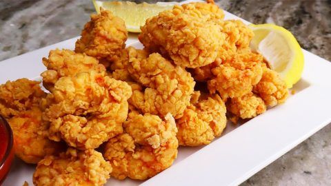 some fried food on a white plate next to a lemon wedge and ketchup