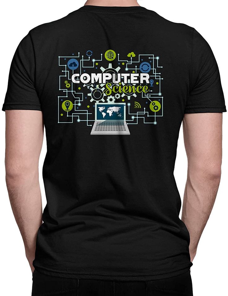 the back of a man's black t - shirt with computer science on it