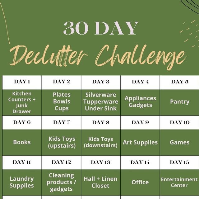 Courtney | Cleaning Tips & Hacks | Easy DIY on Instagram: "30 day declutter challenge starts TODAY!!

Let’s be honest - when we have less clutter in our lives, we feel better. It’s easier to maintain our home, quicker to clean and our minds feel less overwhelmed. 

I challenge you to set a 20 minute timer each day and work the whole 20 minutes on the task that day. You’ll get so much more done in that time than you think! 

I’ll be posting each day a break down of what we are doing and doing it with you! 

If you want all the days broken down, a printable version, or a version to fill out yourself - I GOT YOU!! 

Comment “DECLUTTER” and I’ll send you my FREE guide with all the information for the month! 

I hope you join me this month! Don’t forget to follow along and let’s get it together 30 Day Declutter Challenge, 30 Day Declutter, Get It Together, Declutter Challenge, Kitchen Plate, Declutter Your Home, Be Honest, Clean Laundry, Free Guide