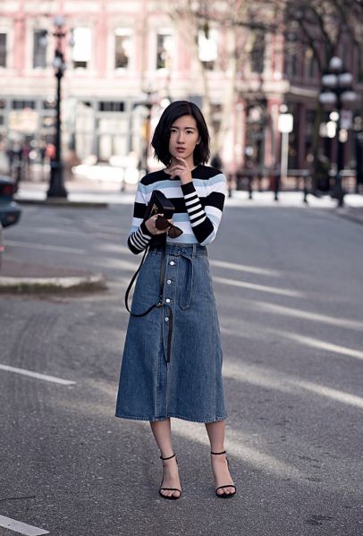 Long Denim Skirt Outfit, Denim Skirt Outfit, Denim Skirt Outfits, Black Jeans Outfit, Long Denim Skirt, Vestidos Vintage, Denim Midi Skirt, Skirt Outfit, Jeans Rock