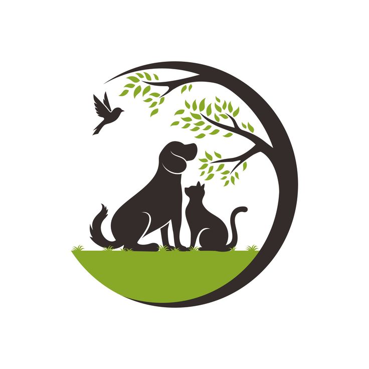 a dog and cat sitting under a tree with a bird flying over it, logo design