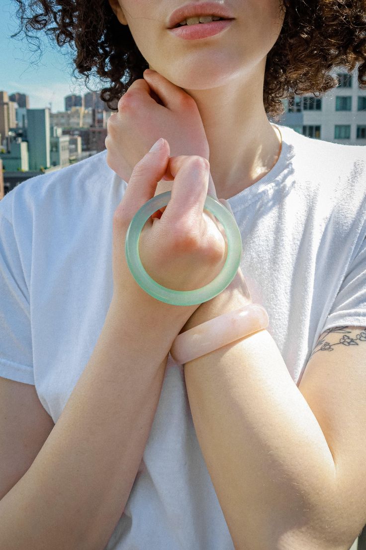 Pond — Cyan skinny round jade stone bangle | seree Green Pond, Melissa Joy Manning, Stone Bangle, On The Bright Side, Thread Earrings, Jade Bangle, Jade Jewelry, Jade Stone, Bright Side