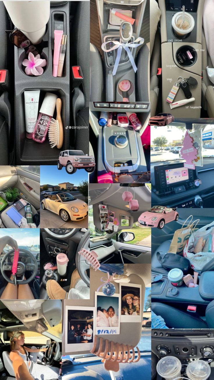 many different pictures of various items in the car