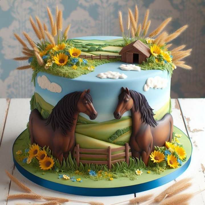 there is a cake decorated with two horses on the side and sunflowers in the background