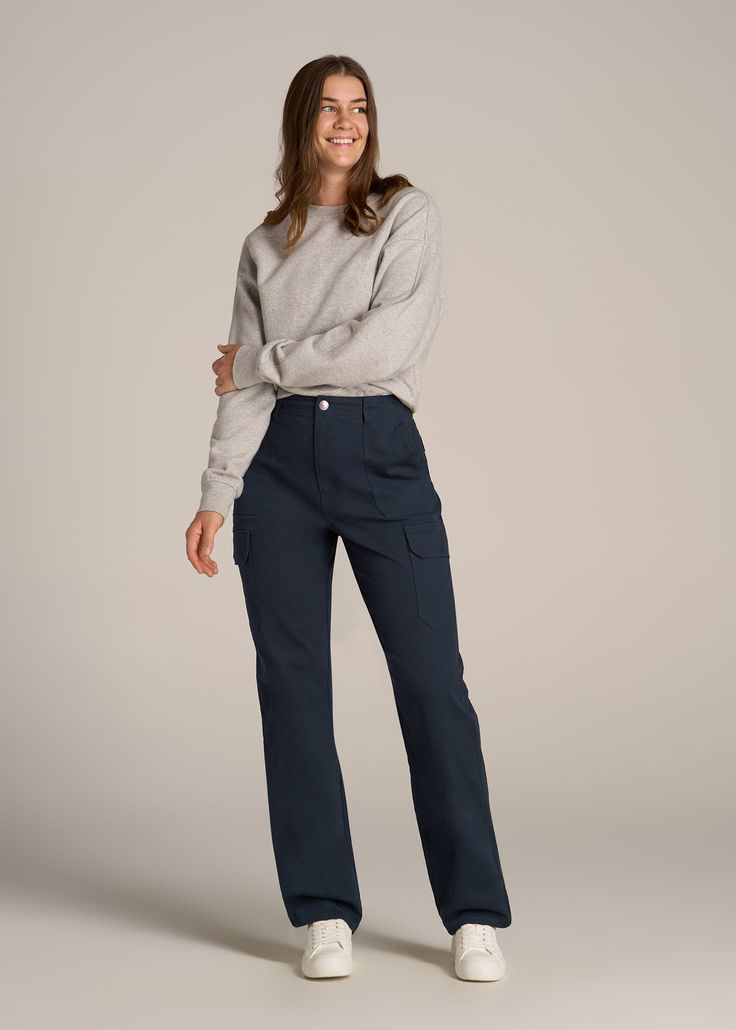 About Our Straight Leg Cargo Chino Pants for Tall Women The style and utility of a cargo pant meets an extra-long inseam on these chinos for tall women. Designed specifically for ladies from 5’9 to 6’6, they have a high rise and a straight leg that creates a modern, flattering fit. These women’s tall pants are made with stretch-infused cotton that’s been pre-washed and shrinkage controlled to make sure the silhouette stays perfect. Store everything you need for a day on the go with plenty of poc Women’s Chinos, Styling Chinos Women, Workwear Full-length Cargo Pants With Side Pockets, Full-length Cotton Cargo Jeans For Work, Full Length Cotton Cargo Jeans For Work, Jeans Tall Women, Cotton Full-length Cargo Pants For Work, Utility High-waisted Cargo Pants For Workwear, Fall Workwear Full-length Cargo Pants