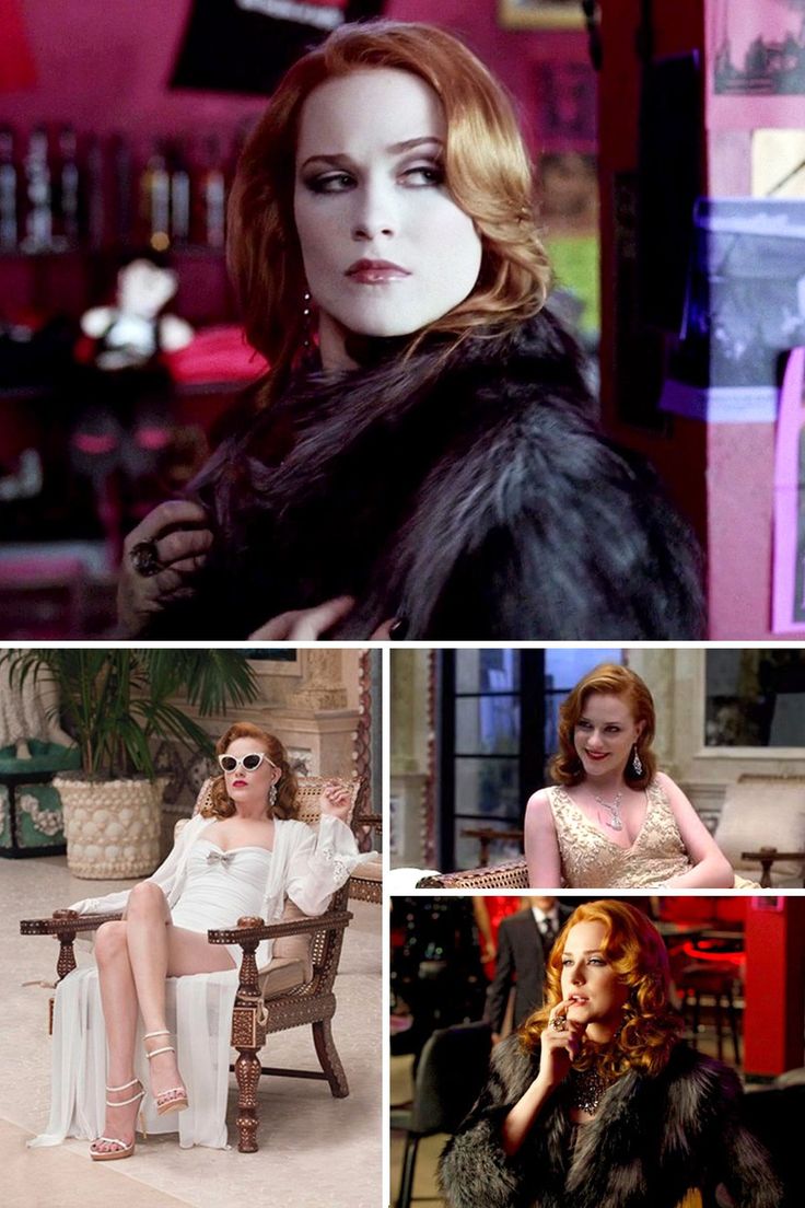 four different pictures of women sitting in chairs and one woman with red hair wearing sunglasses