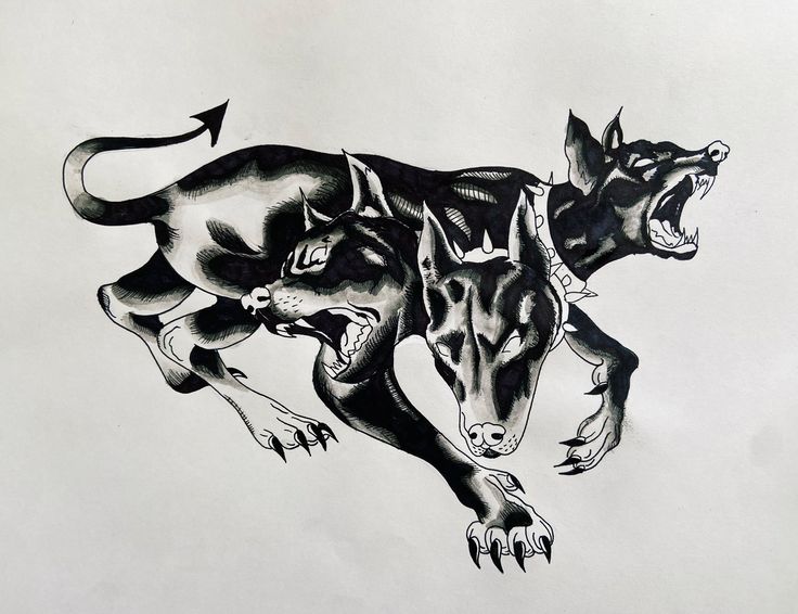 a black and white drawing of two wolfs attacking each other with an arrow in their mouth