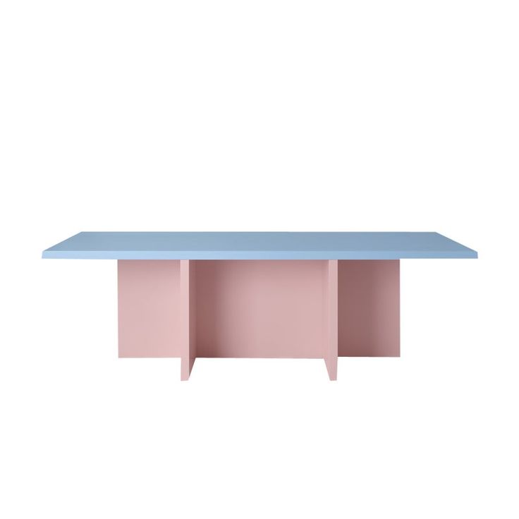 a pink and blue table with two shelves on each side, against a white background