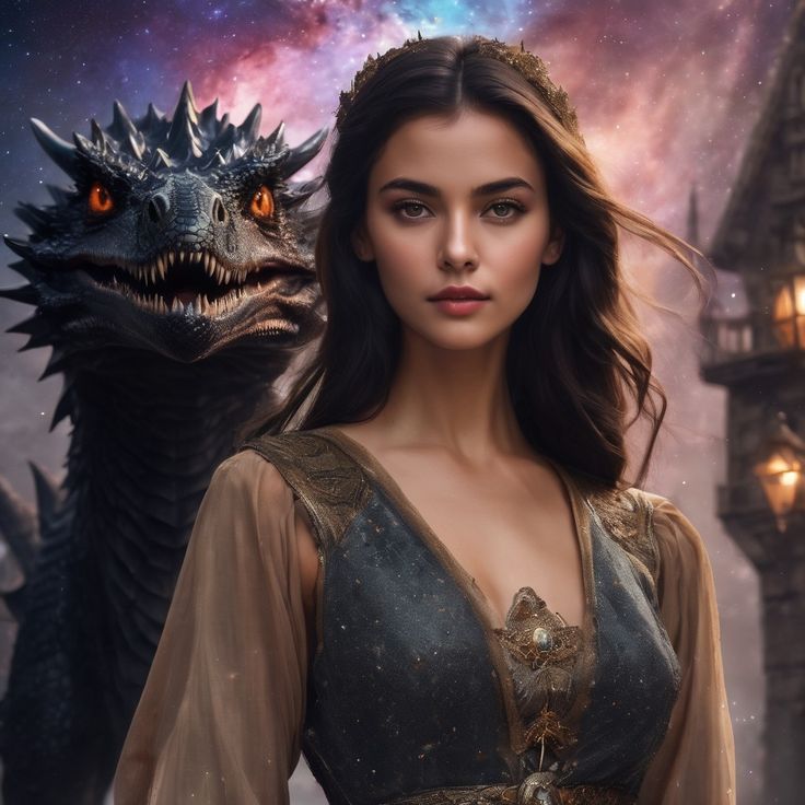 a woman standing next to a dragon in front of a sky filled with stars