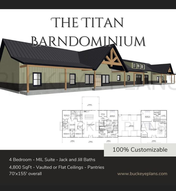 the titan barndominium is shown with floor plans