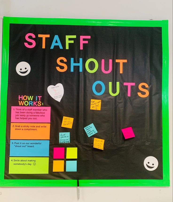 a bulletin board with sticky notes on it that says staff shot outs and how it works