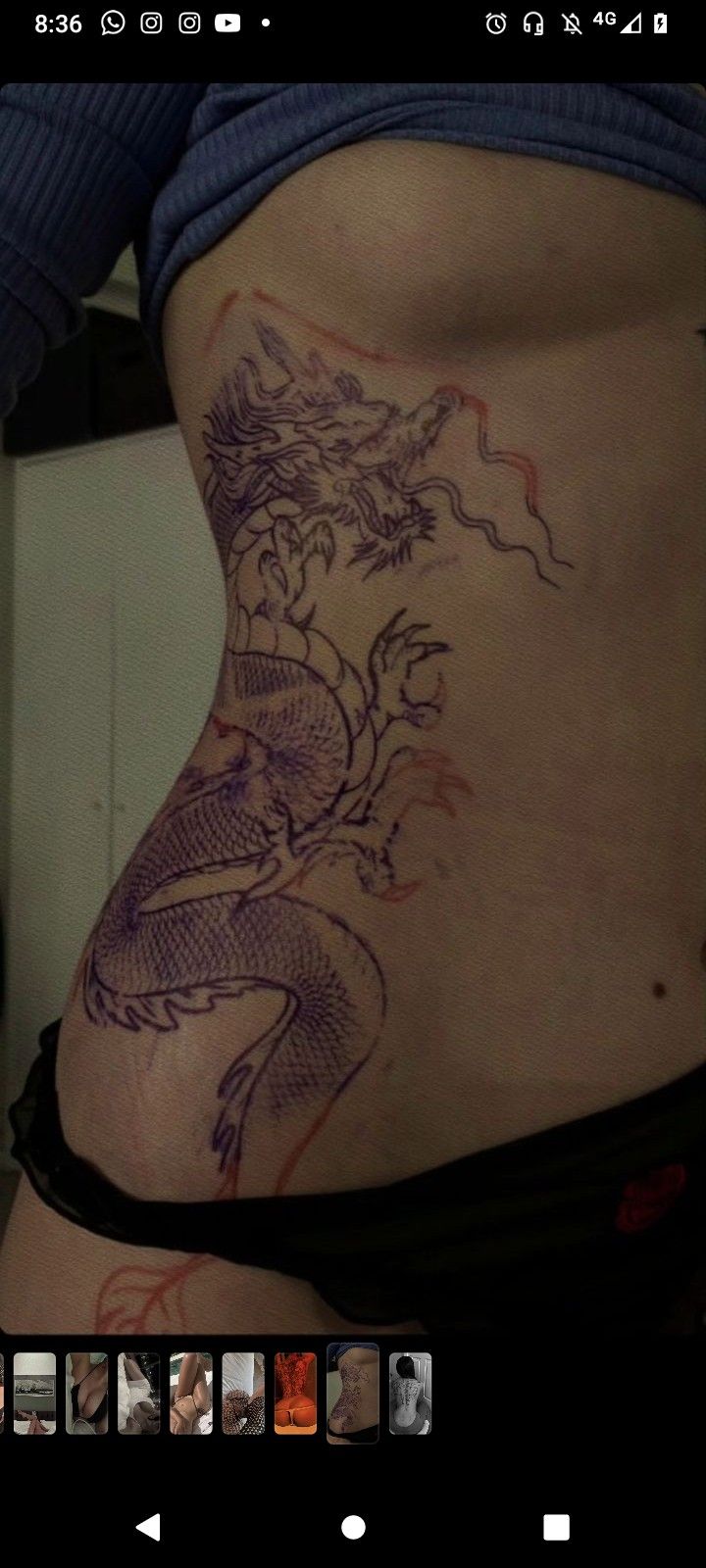 a woman's stomach with a dragon tattoo on the side and other pictures behind her