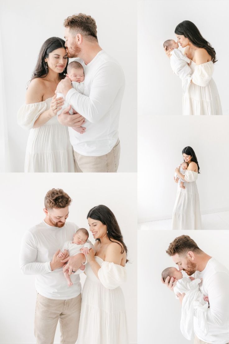 Dark headed mom and blonde headed dad pose with newborn baby, naturally, in an all white studio. Newborn Self Photography, Family Photoshoot Ideas Newborn, Newborn White Backdrop, Newborn Family Poses Studio, Newborn Photos White Background, Newborn Photo Session Outfits, Newborn Family Session Outfits, All White Newborn Family Photography, Family Of 5 Photoshoot With Newborn