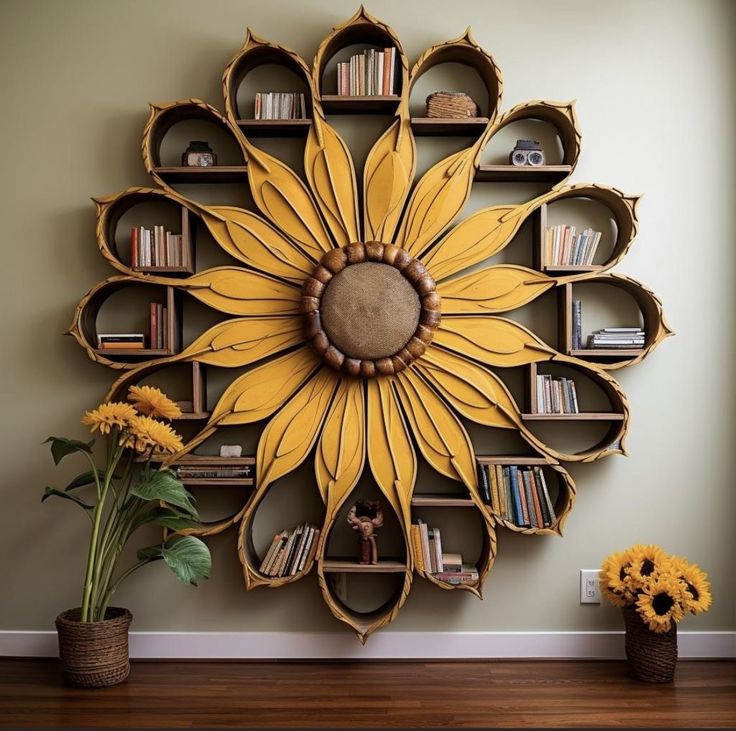 a large sunflower is on the wall next to bookshelves and vases