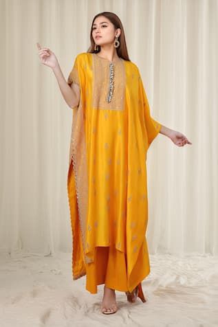 Yellow kaftan with floral zardozi embroidery. Comes with plain draped skirt. - Aza Fashions Traditional Drape Kaftan For Eid Reception, Eid Reception Kaftan With Traditional Drape, Silk Kaftan With Gota Work In Traditional Drape, Silk Kaftan With Traditional Drape For Reception, Transitional Designer Kaftan With Traditional Drape, Festive Kaftan With Traditional Drape For Reception, Eid Kaftan With Gota Work In Traditional Drape, Eid Traditional Wear With Zari Work And Cape Sleeves, Eid Gota Work Kaftan In Traditional Drape