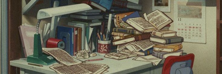 a painting of a desk with many books on it and a computer keyboard in the corner