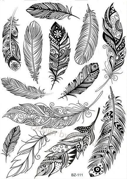 several different types of feathers in black and white, one with an intricate design on it